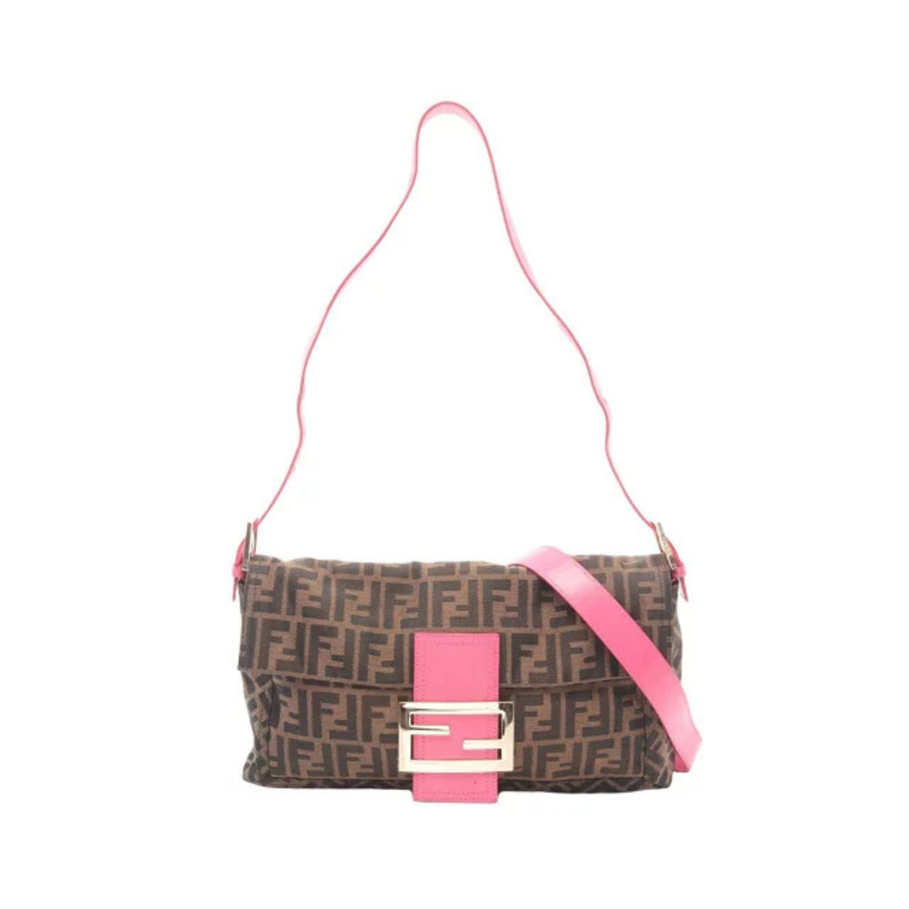 Fendi Mamma Bucket Zucca Shoulder Bag Canvas Leather Brown Pink